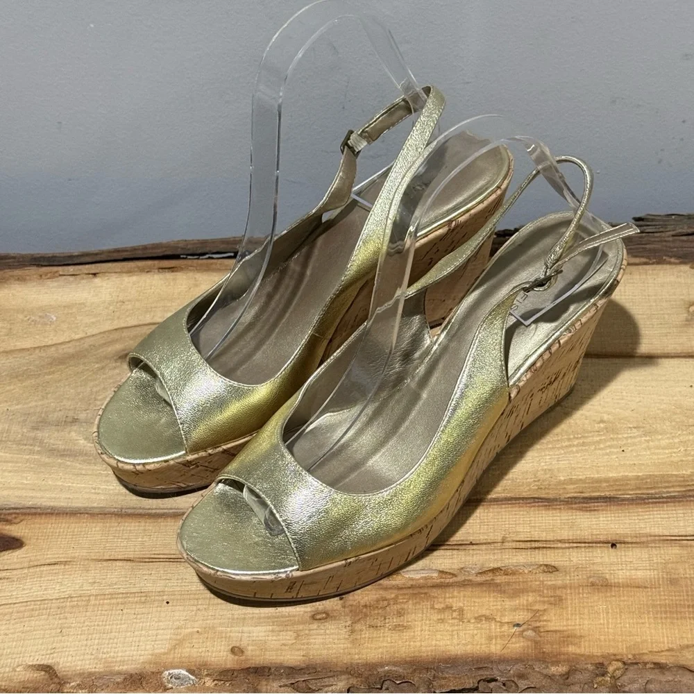 Marc Fisher Espadrille Wedge Platform Sandals‎ Gold Metallic Size 8.5 A21